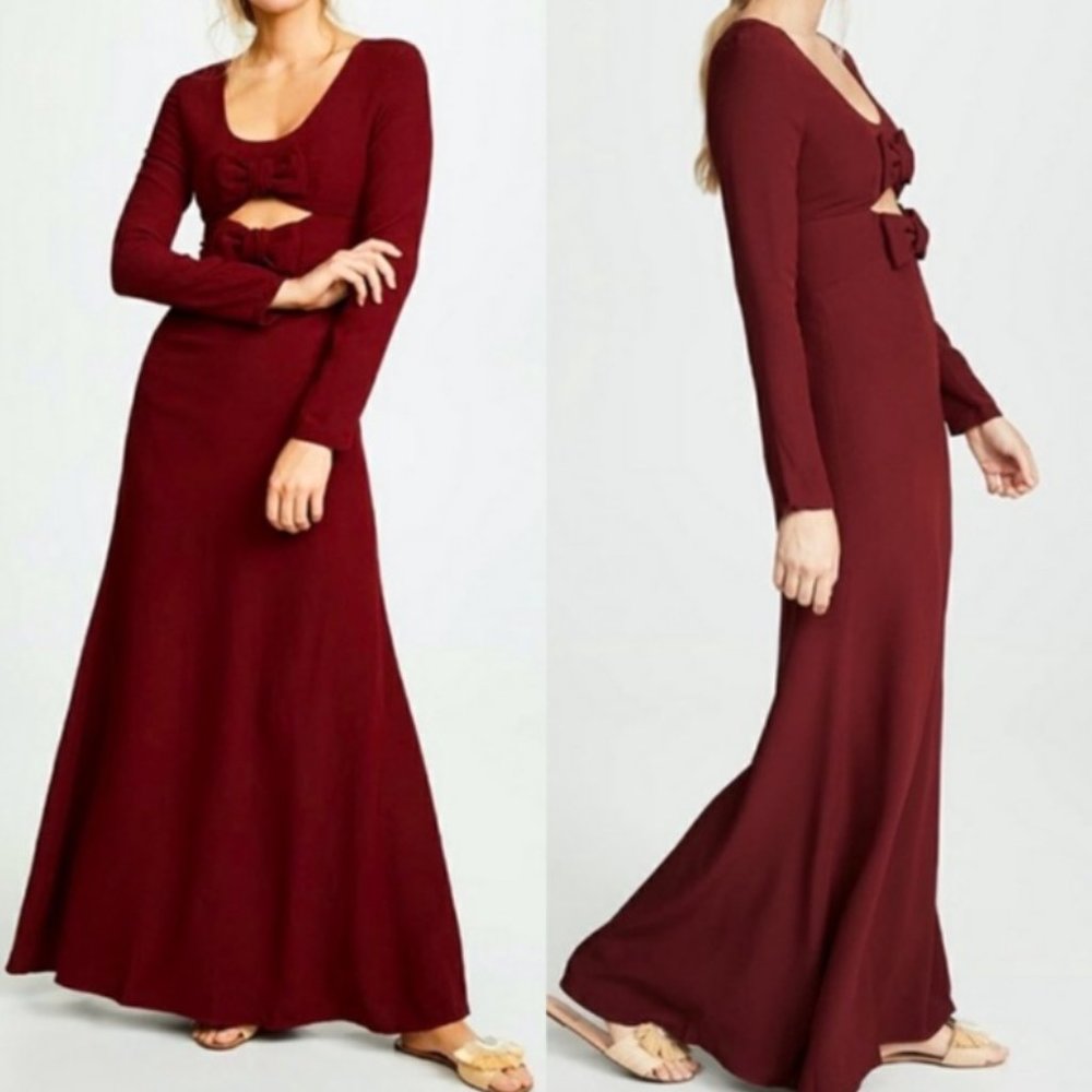 NWT STAUD Women's Lido Maxi Dress Red Garnet Bow Cutout long sleeve Dress 2 - Picture 3 of 8